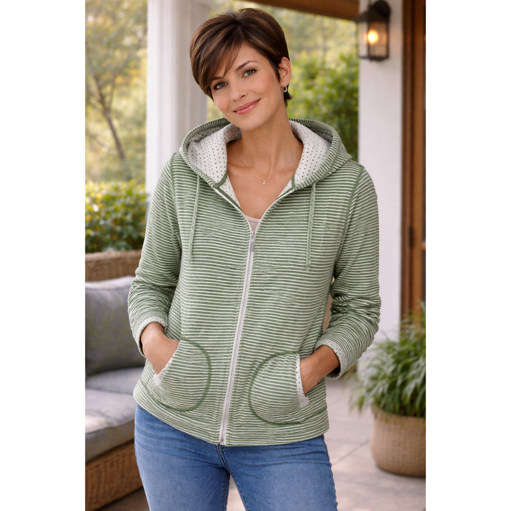 Quacker Factory Green Striped Hoodie Jacket Full Zip with Pockets Size M